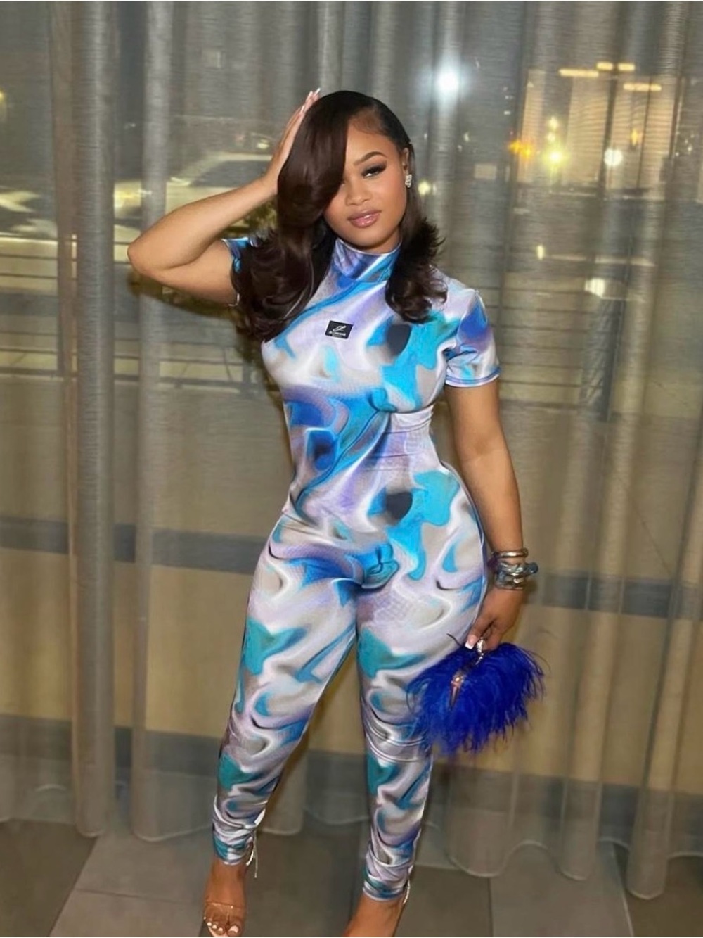 Jlorraine Blue Marble Print Short-Sleeve Jumpsuit